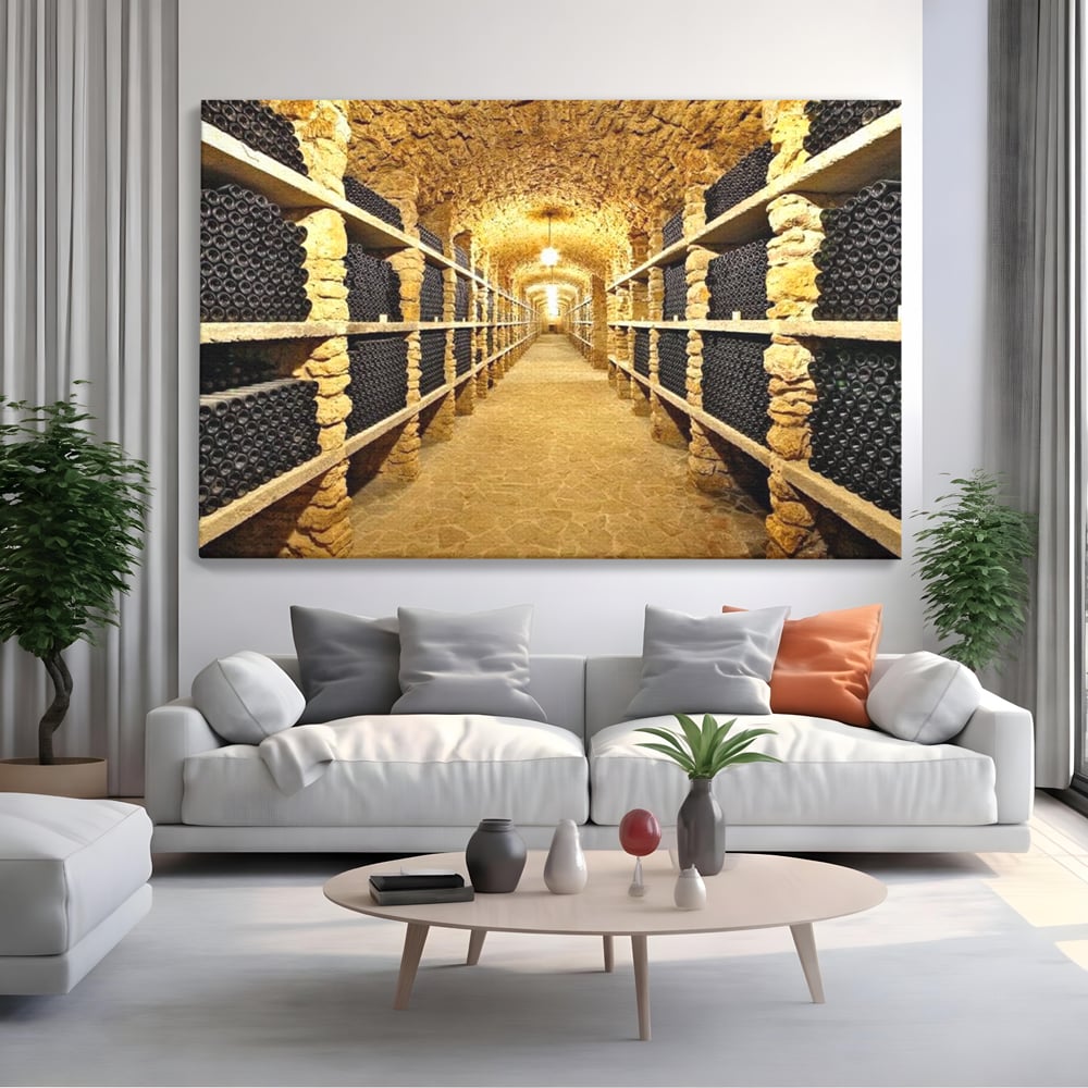 Tablou canvas cu tablou canvas cu crama subterana si sticle de vin, fara rama, pe sasiu de lemn, pe perete intr-un living